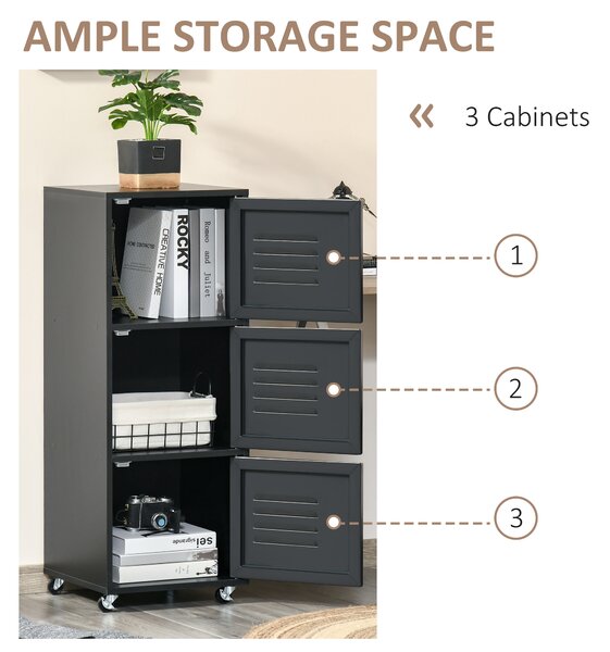 HOMCOM Rolling Storage Cabinet 3-Tier Mobile File Cabinet with Wheels & Metal Doors for Home Office, Living Room, Black Aosom UK