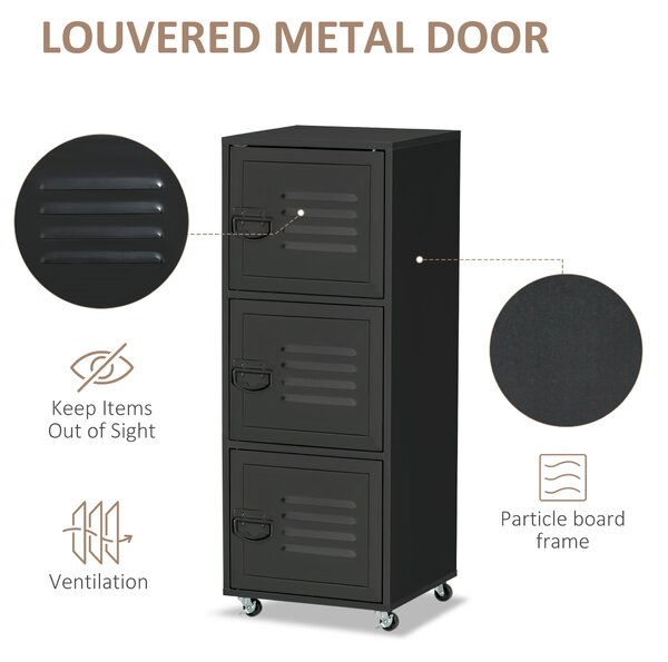 HOMCOM Rolling Storage Cabinet 3-Tier Mobile File Cabinet with Wheels & Metal Doors for Home Office, Living Room, Black Aosom UK