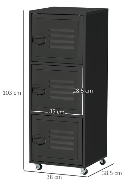 HOMCOM Rolling Storage Cabinet 3-Tier Mobile File Cabinet with Wheels & Metal Doors for Home Office, Living Room, Black Aosom UK