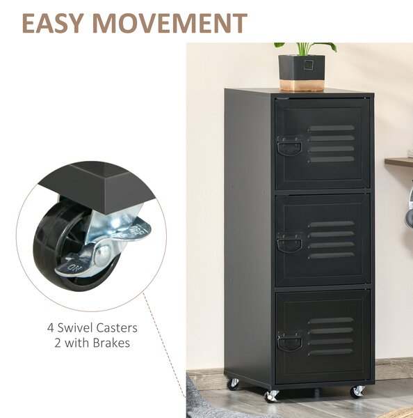 HOMCOM Rolling Storage Cabinet 3-Tier Mobile File Cabinet with Wheels & Metal Doors for Home Office, Living Room, Black Aosom UK