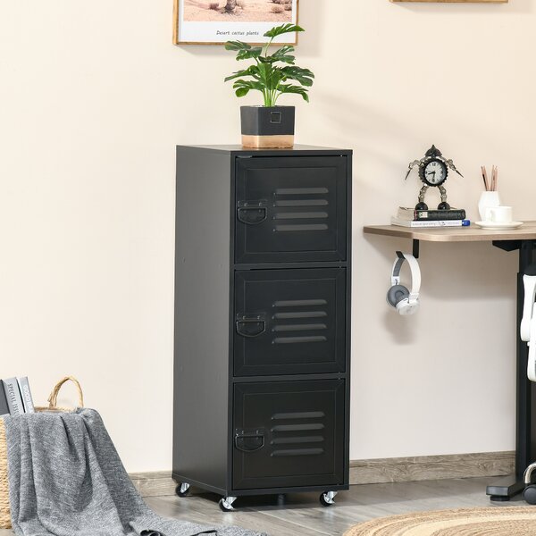 HOMCOM Rolling Storage Cabinet 3-Tier Mobile File Cabinet with Wheels & Metal Doors for Home Office, Living Room, Black Aosom UK