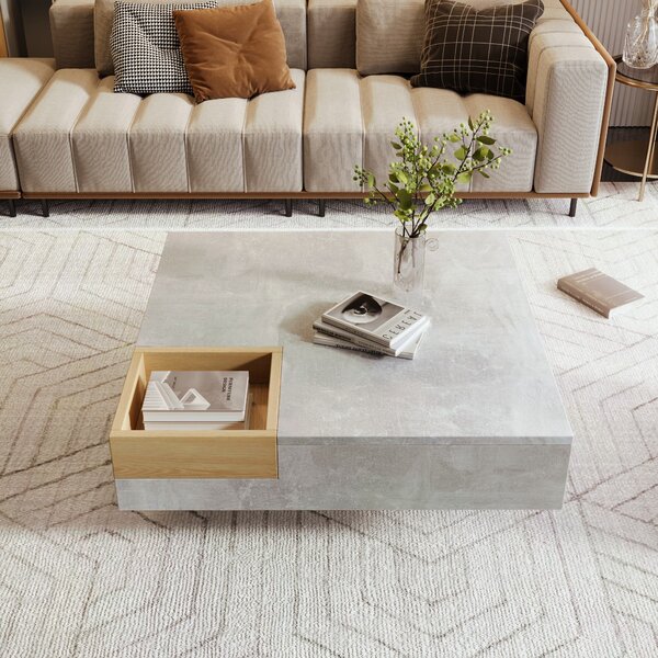 Modern Square Coffee Table with Storage Box and Sturdy Structure, Living Room Table with Marble Top for Sofa Side, 72L x 72W x 30H cm, Grey Aosom.UK