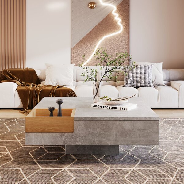 Modern Square Coffee Table with Storage Box and Sturdy Structure, Living Room Table with Marble Top for Sofa Side, 72L x 72W x 30H cm, Grey Aosom.UK