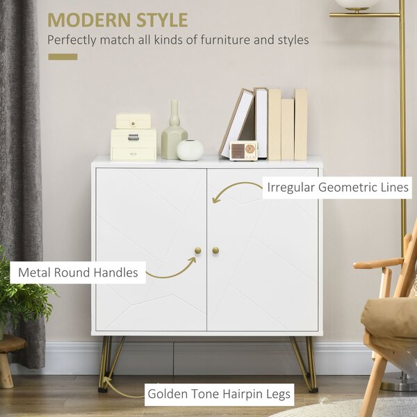 HOMCOM Slim Sideboard Cabinet, Storage with Golden Hairpin Legs 3-Level Adjustable Shelves for Living Room Dining Room Hallway, White Aosom UK