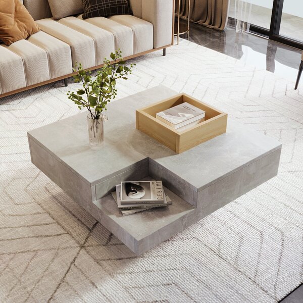 Modern Square Coffee Table with Storage Box and Sturdy Structure, Living Room Table with Marble Top for Sofa Side, 72L x 72W x 30H cm, Grey Aosom.UK
