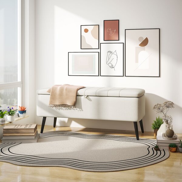 HOMCOM Storage Ottoman Linen Fabric Bench with Flip Top - Cream White Aosom UK
