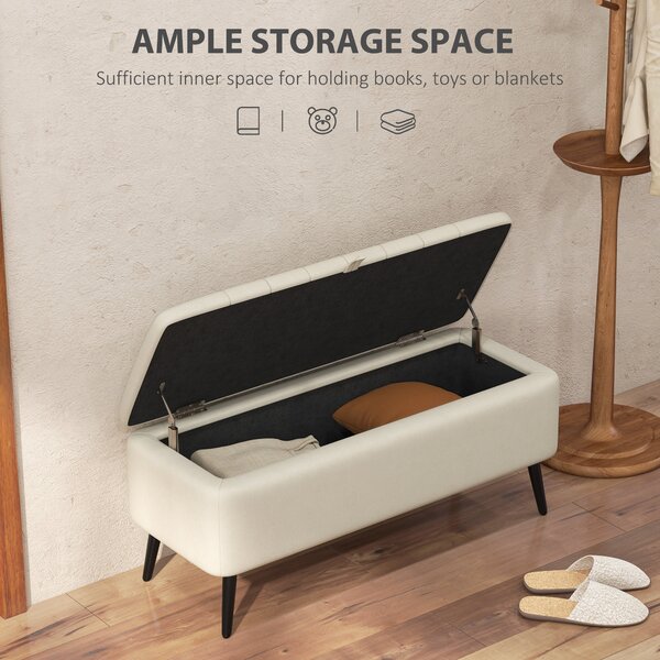 HOMCOM Storage Ottoman Linen Fabric Bench with Flip Top - Cream White Aosom UK