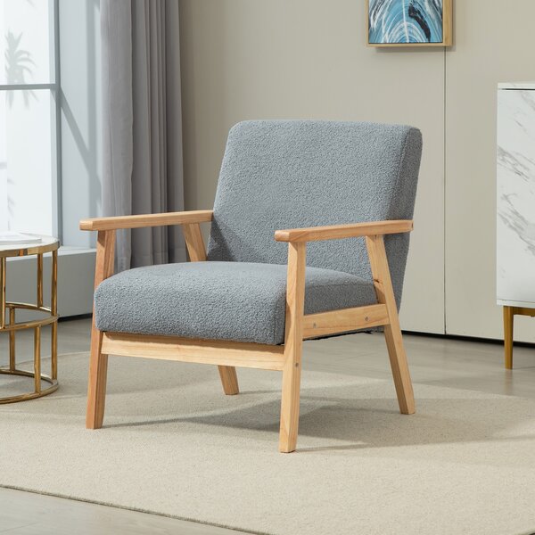 HOMCOM Accent Chair Wood Frame with Thick Cashmere Cushions Wide Seat Armchair Home Furniture Bedroom Office Grey Aosom UK