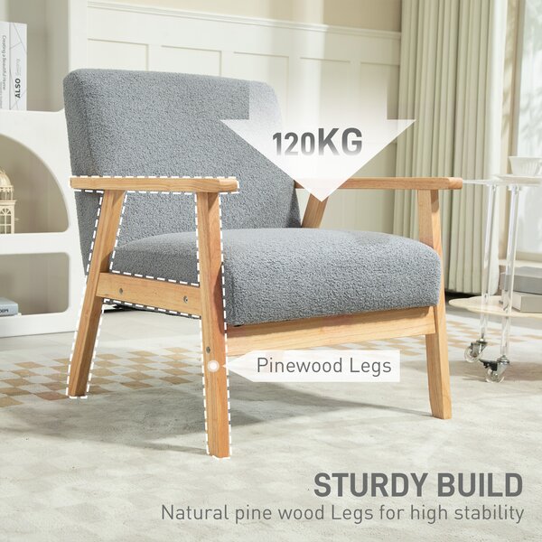 HOMCOM Accent Chair Wood Frame with Thick Cashmere Cushions Wide Seat Armchair Home Furniture Bedroom Office Grey Aosom UK