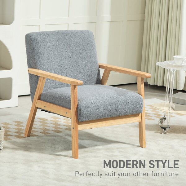 HOMCOM Accent Chair Wood Frame with Thick Cashmere Cushions Wide Seat Armchair Home Furniture Bedroom Office Grey Aosom UK