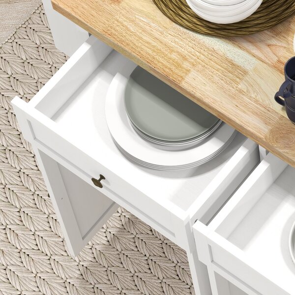 HOMCOM Rolling Kitchen Island Storage Trolley with Rubber Wood Top & Drawers for Dining Room, White Aosom UK