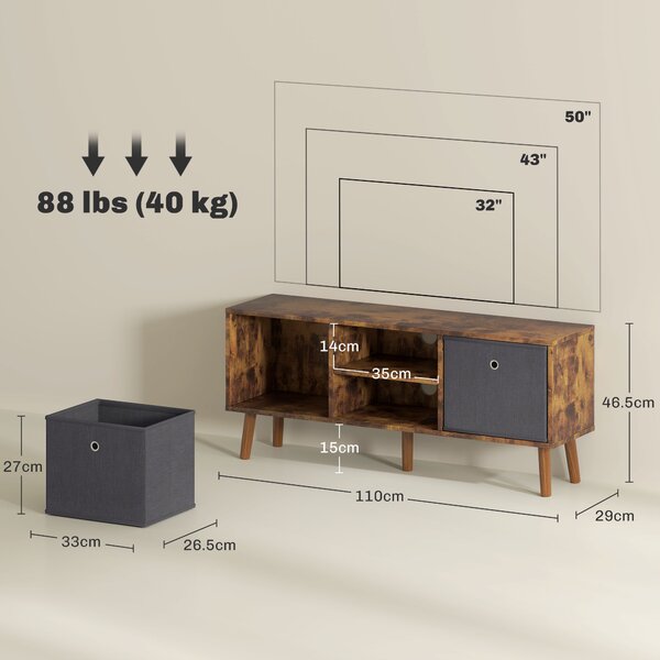 HOMCOM TV Cabinet Stand Unit for TVs up to 50'' with Foldable Drawers, Entertainment Centre for Living Room Rustic Brown Aosom UK