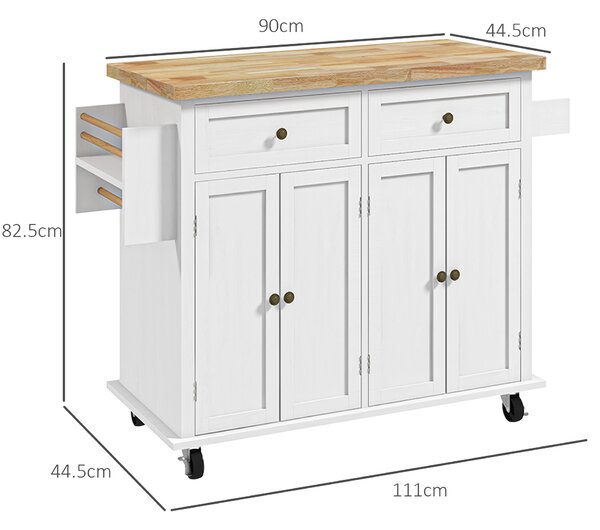 HOMCOM Rolling Kitchen Island Storage Trolley with Rubber Wood Top & Drawers for Dining Room, White Aosom UK