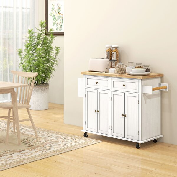 HOMCOM Rolling Kitchen Island Storage Trolley with Rubber Wood Top & Drawers for Dining Room, White Aosom UK