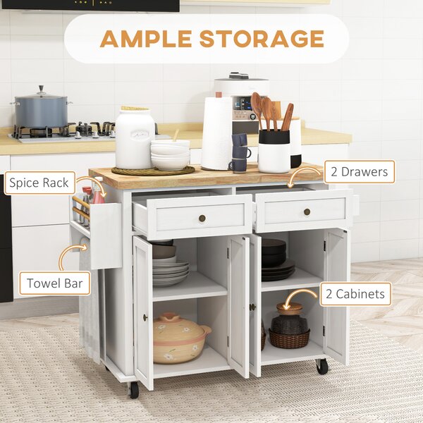 HOMCOM Rolling Kitchen Island Storage Trolley with Rubber Wood Top & Drawers for Dining Room, White Aosom UK