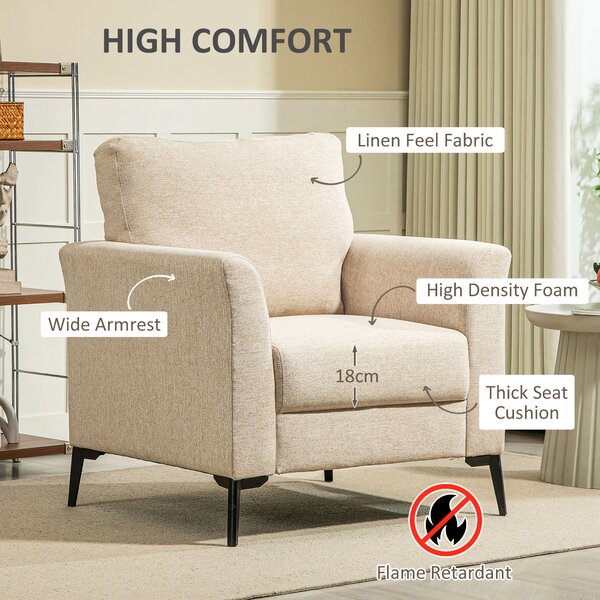 HOMCOM Modern Armchair, Linen Fabric Upholstered Accent Chair with Metal Legs, Wood Frame, Scratch-Resistant Treatment and Padded Cushion, Beige Aosom UK