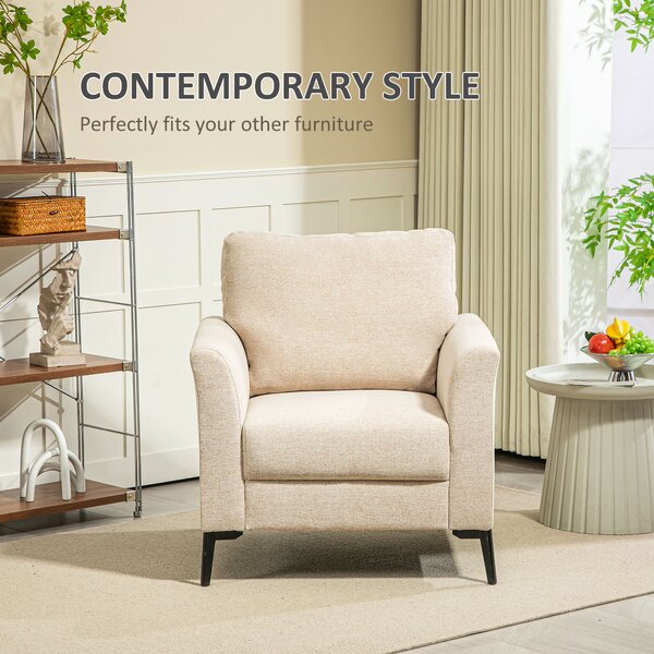 HOMCOM Modern Armchair, Linen Fabric Upholstered Accent Chair with Metal Legs, Wood Frame, Scratch-Resistant Treatment and Padded Cushion, Beige Aosom UK