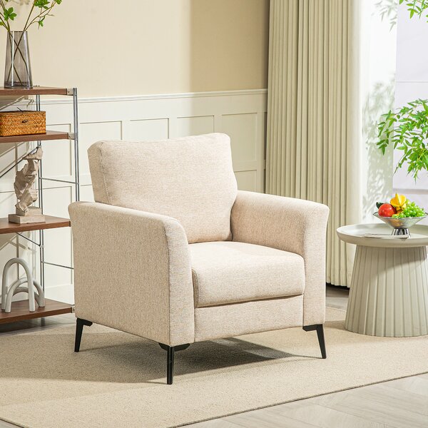 HOMCOM Modern Armchair, Linen Fabric Upholstered Accent Chair with Metal Legs, Wood Frame, Scratch-Resistant Treatment and Padded Cushion, Beige Aosom UK