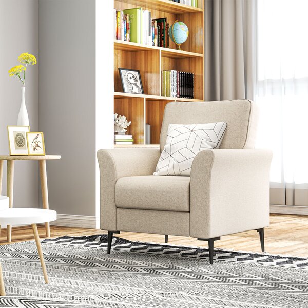 HOMCOM Modern Armchair, Linen Fabric Upholstered Accent Chair with Metal Legs, Wood Frame, Scratch-Resistant Treatment and Padded Cushion, Beige Aosom UK