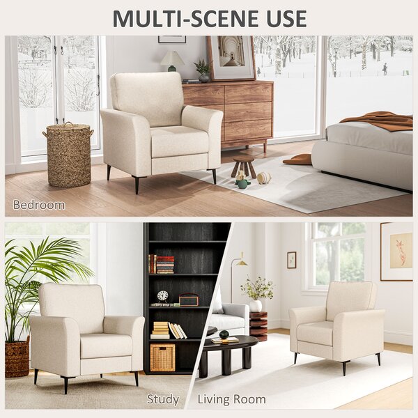 HOMCOM Modern Armchair, Linen Fabric Upholstered Accent Chair with Metal Legs, Wood Frame, Scratch-Resistant Treatment and Padded Cushion, Beige Aosom UK