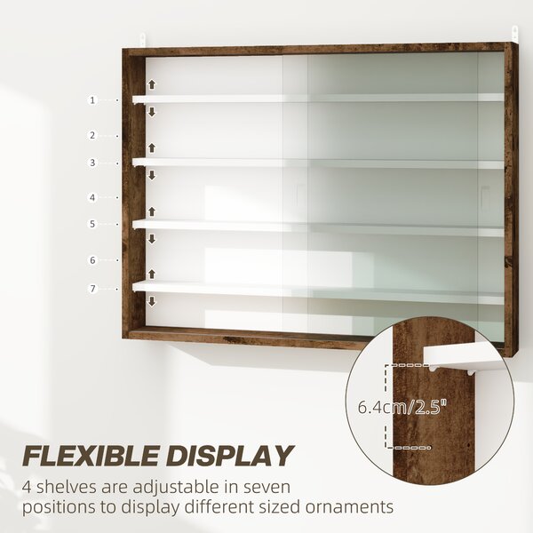 HOMCOM 5-Tier Wall Display Shelf Unit Cabinet w/ 4 Adjustable Shelves Glass Doors Home Office Ornaments 60x80cm Rustic brown Aosom UK