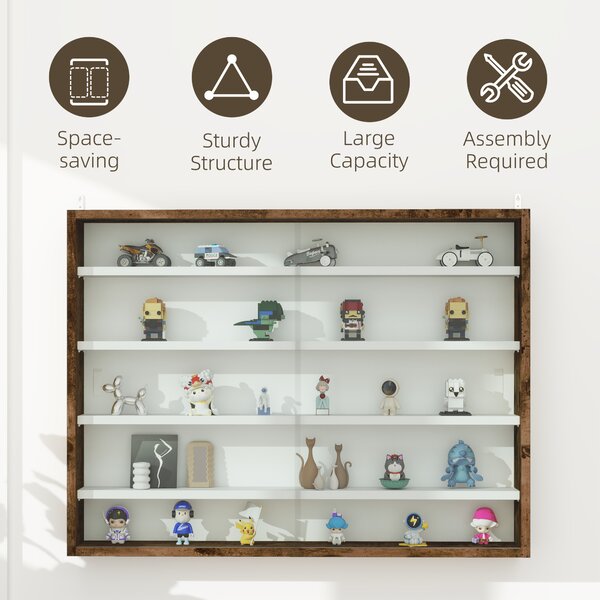 HOMCOM 5-Tier Wall Display Shelf Unit Cabinet w/ 4 Adjustable Shelves Glass Doors Home Office Ornaments 60x80cm Rustic brown Aosom UK