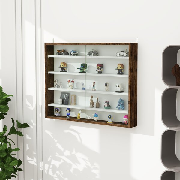 HOMCOM 5-Tier Wall Display Shelf Unit Cabinet w/ 4 Adjustable Shelves Glass Doors Home Office Ornaments 60x80cm Rustic brown Aosom UK