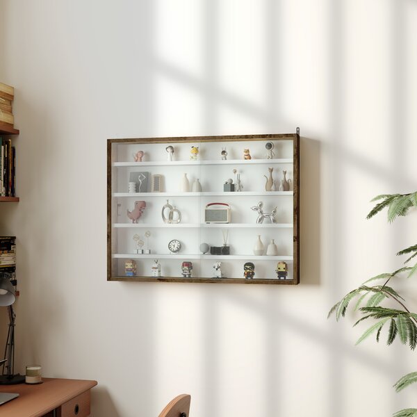 HOMCOM 5-Tier Wall Display Shelf Unit Cabinet w/ 4 Adjustable Shelves Glass Doors Home Office Ornaments 60x80cm Rustic brown Aosom UK