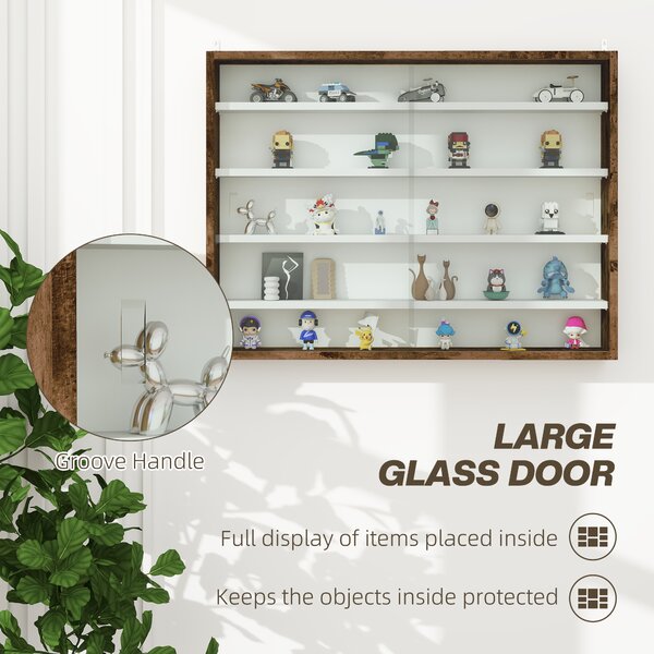 HOMCOM 5-Tier Wall Display Shelf Unit Cabinet w/ 4 Adjustable Shelves Glass Doors Home Office Ornaments 60x80cm Rustic brown Aosom UK