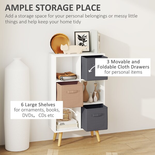HOMCOM Freestanding 6 Cube Unit Cabinet Unit w/ 3 Fabric Drawers Handles Home Office Storage Shelves White Aosom UK