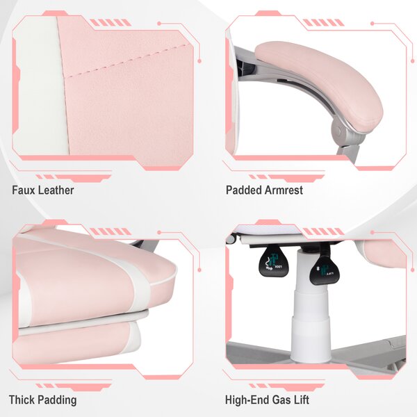 HOMCOM Faux Leather Reclining Gaming Chair, with Footrest - Pink/White Aosom UK