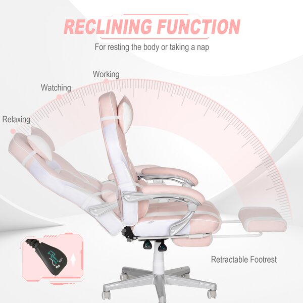 HOMCOM Faux Leather Reclining Gaming Chair, with Footrest - Pink/White Aosom UK