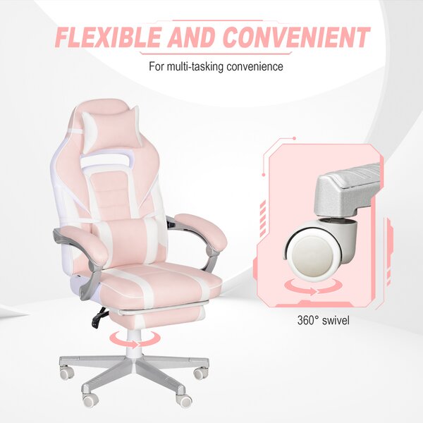 HOMCOM Faux Leather Reclining Gaming Chair, with Footrest - Pink/White Aosom UK