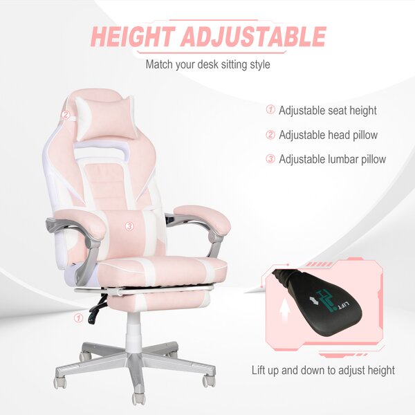 HOMCOM Faux Leather Reclining Gaming Chair, with Footrest - Pink/White Aosom UK
