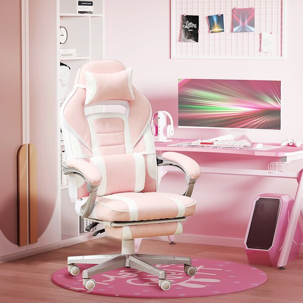 HOMCOM Faux Leather Reclining Gaming Chair, with Footrest - Pink/White Aosom UK