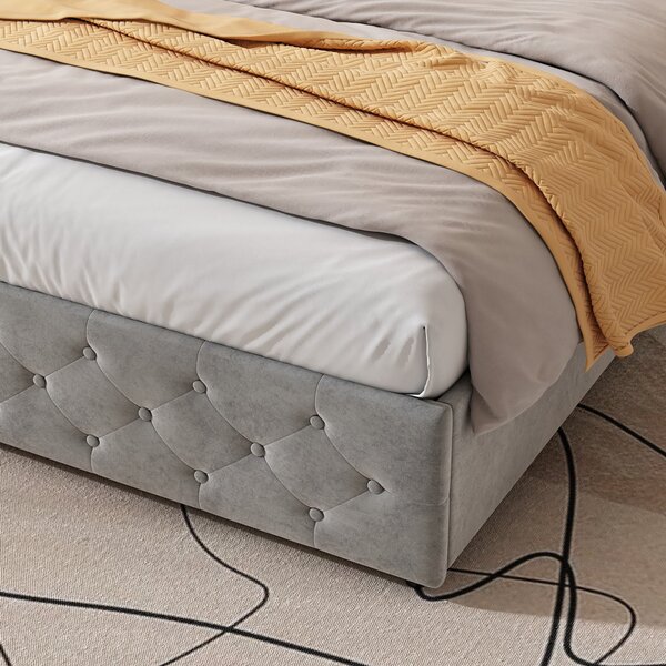 Upholstered Bed with Drawers, Soft Backrest, Table Lamp, USB Port, Velvet Fabric Bed Frame for Bedrooms, 206.5L x 96.5W x 109H cm, Gray Aosom UK