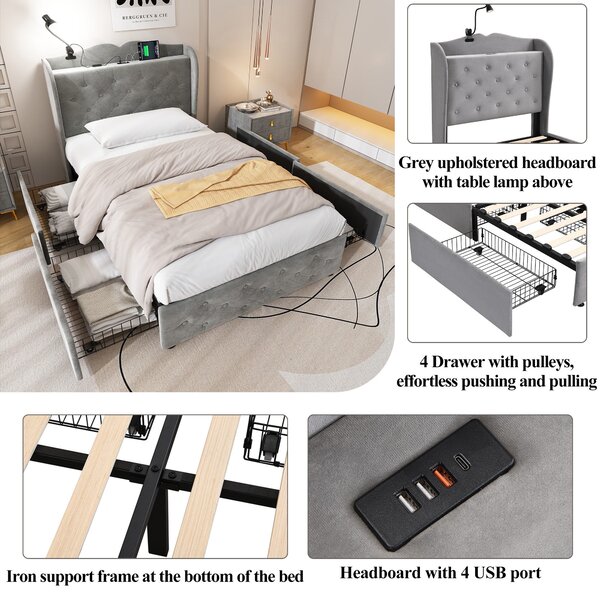 Upholstered Bed with Drawers, Soft Backrest, Table Lamp, USB Port, Velvet Fabric Bed Frame for Bedrooms, 206.5L x 96.5W x 109H cm, Gray Aosom UK