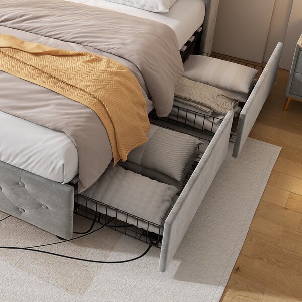 Upholstered Bed with Drawers, Soft Backrest, Table Lamp, USB Port, Velvet Fabric Bed Frame for Bedrooms, 206.5L x 96.5W x 109H cm, Gray Aosom UK