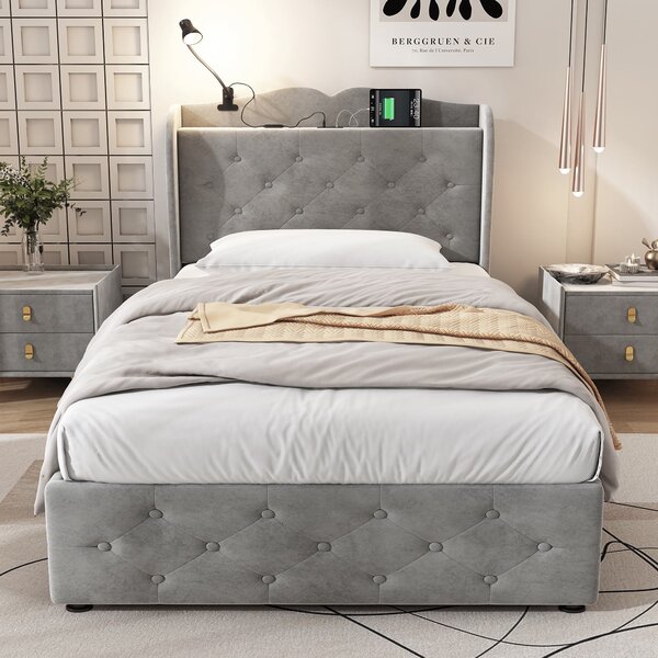 Upholstered Bed with Drawers, Soft Backrest, Table Lamp, USB Port, Velvet Fabric Bed Frame for Bedrooms, 206.5L x 96.5W x 109H cm, Gray Aosom UK