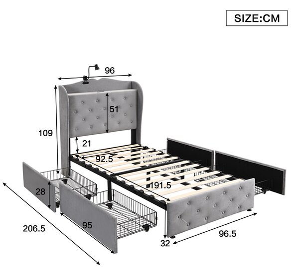 Upholstered Bed with Drawers, Soft Backrest, Table Lamp, USB Port, Velvet Fabric Bed Frame for Bedrooms, 206.5L x 96.5W x 109H cm, Gray Aosom UK