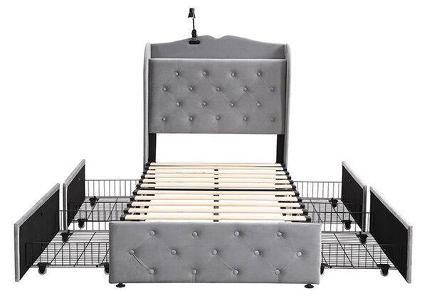 Upholstered Bed with Drawers, Soft Backrest, Table Lamp, USB Port, Velvet Fabric Bed Frame for Bedrooms, 206.5L x 96.5W x 109H cm, Gray Aosom UK