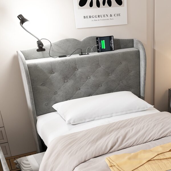 Upholstered Bed with Drawers, Soft Backrest, Table Lamp, USB Port, Velvet Fabric Bed Frame for Bedrooms, 206.5L x 96.5W x 109H cm, Gray Aosom UK