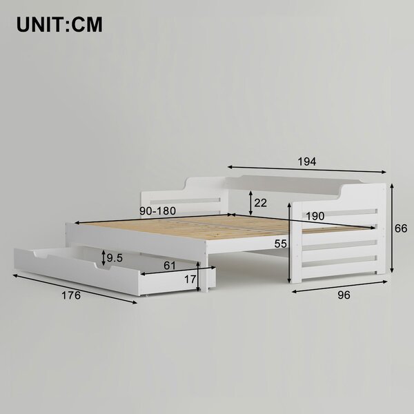 Extendable Sofa Bed with Pull-Out Trundle, Sleeping Sofa with Storage Drawer for Living Room, Bedroom, 194L x 180W x 66H cm, White Aosom.UK
