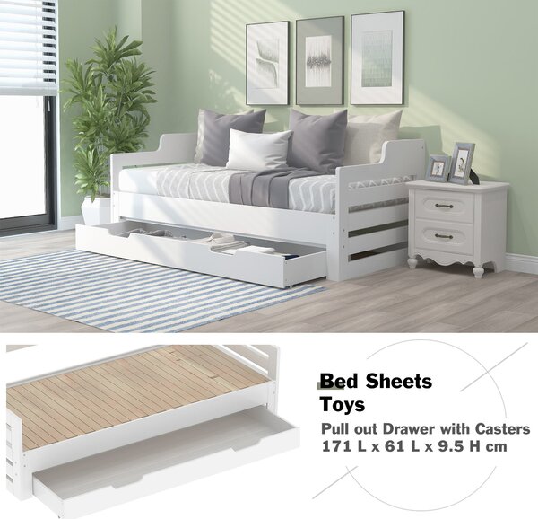 Extendable Sofa Bed with Pull-Out Trundle, Sleeping Sofa with Storage Drawer for Living Room, Bedroom, 194L x 180W x 66H cm, White Aosom.UK