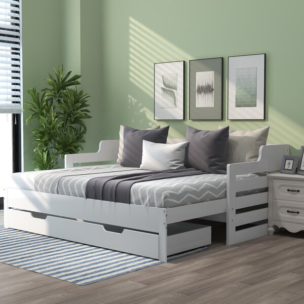Extendable Sofa Bed with Pull-Out Trundle, Sleeping Sofa with Storage Drawer for Living Room, Bedroom, 194L x 180W x 66H cm, White Aosom.UK