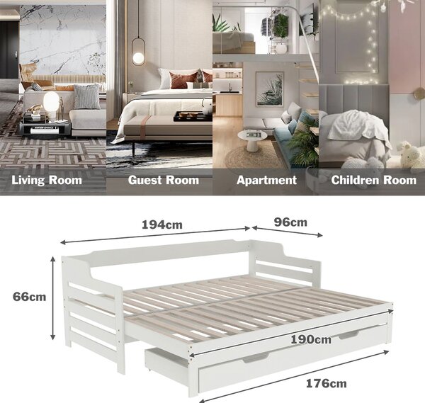 Extendable Sofa Bed with Pull-Out Trundle, Sleeping Sofa with Storage Drawer for Living Room, Bedroom, 194L x 180W x 66H cm, White Aosom.UK