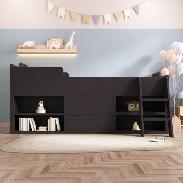 Children's Wooden Mid Sleeper Cabin Bed with Drawers and Shelves Storage, Versatile Bed Frame for Bedroom, 196L x 94W x 92H cm, Taupe Aosom.UK