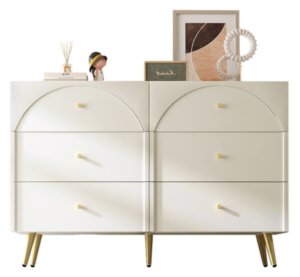Sideboard Cabinet with 6 Drawers, Height Ajustable Storage Cabinet with Wood and Metal Construction for Living Rooms & Kitchen, 120L x 40W x 85H cm, White Aosom UK