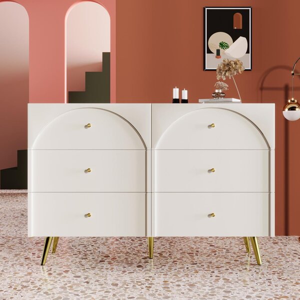 Sideboard Cabinet with 6 Drawers, Height Ajustable Storage Cabinet with Wood and Metal Construction for Living Rooms & Kitchen, 120L x 40W x 85H cm, White Aosom UK