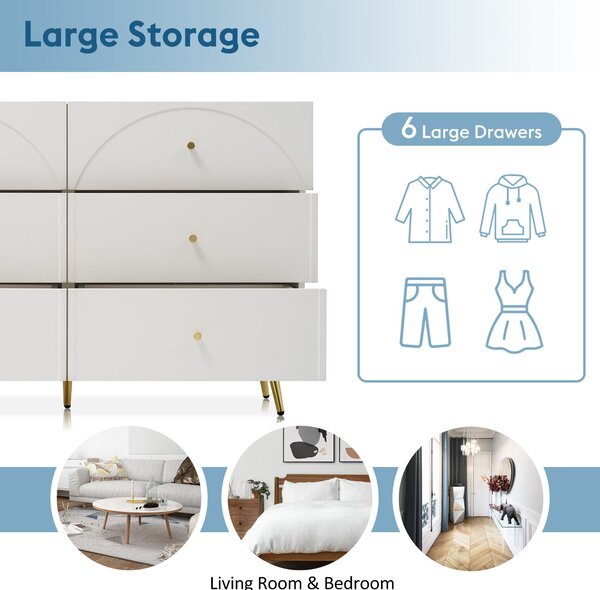 Sideboard Cabinet with 6 Drawers, Height Ajustable Storage Cabinet with Wood and Metal Construction for Living Rooms & Kitchen, 120L x 40W x 85H cm, White Aosom UK